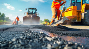 Road construction workers' teamwork, tarmac laying works at a road construction site, hot asphalt gravel leveled by workers, and road surface repair.